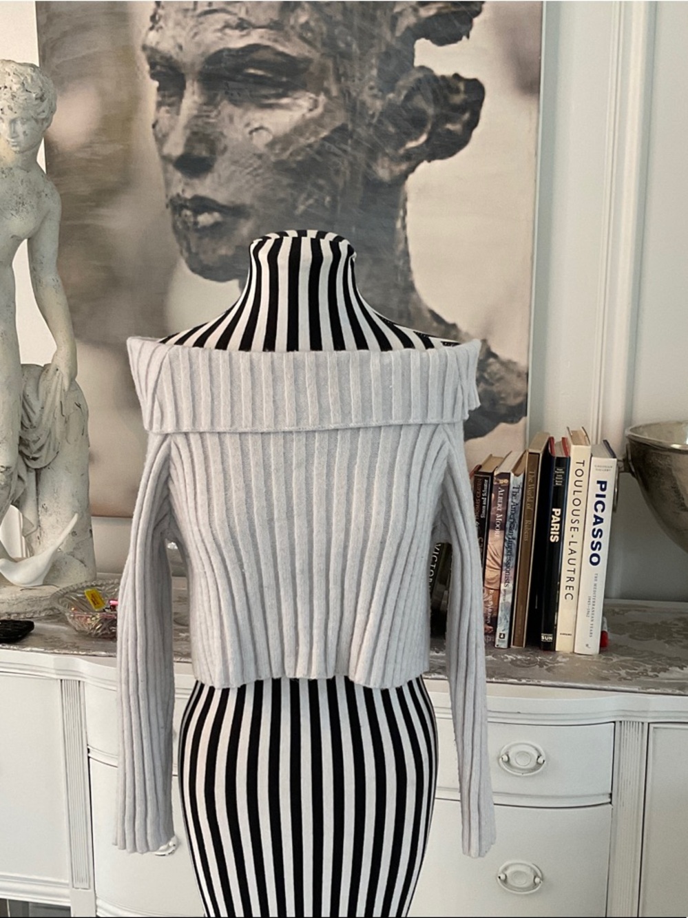 Princess Polly Light Gray Off-Shoulder Ribbed Crop Sweater